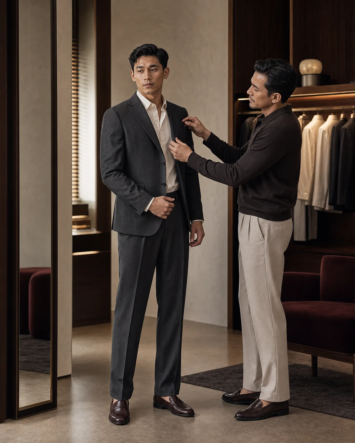 Customer and stylist discussing garment fit in a contemporary tailoring studio